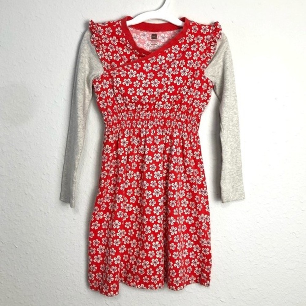 Tea Collection Long Sleeve Wrap Cotton Dress, Red, Ruffle Shoulder, floral Sz 5